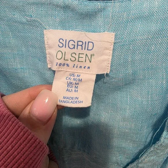 Sigrid Olsen Blue 100% Linen Button Up Shirt Women’s Medium V Neck - Picture 2 of 6